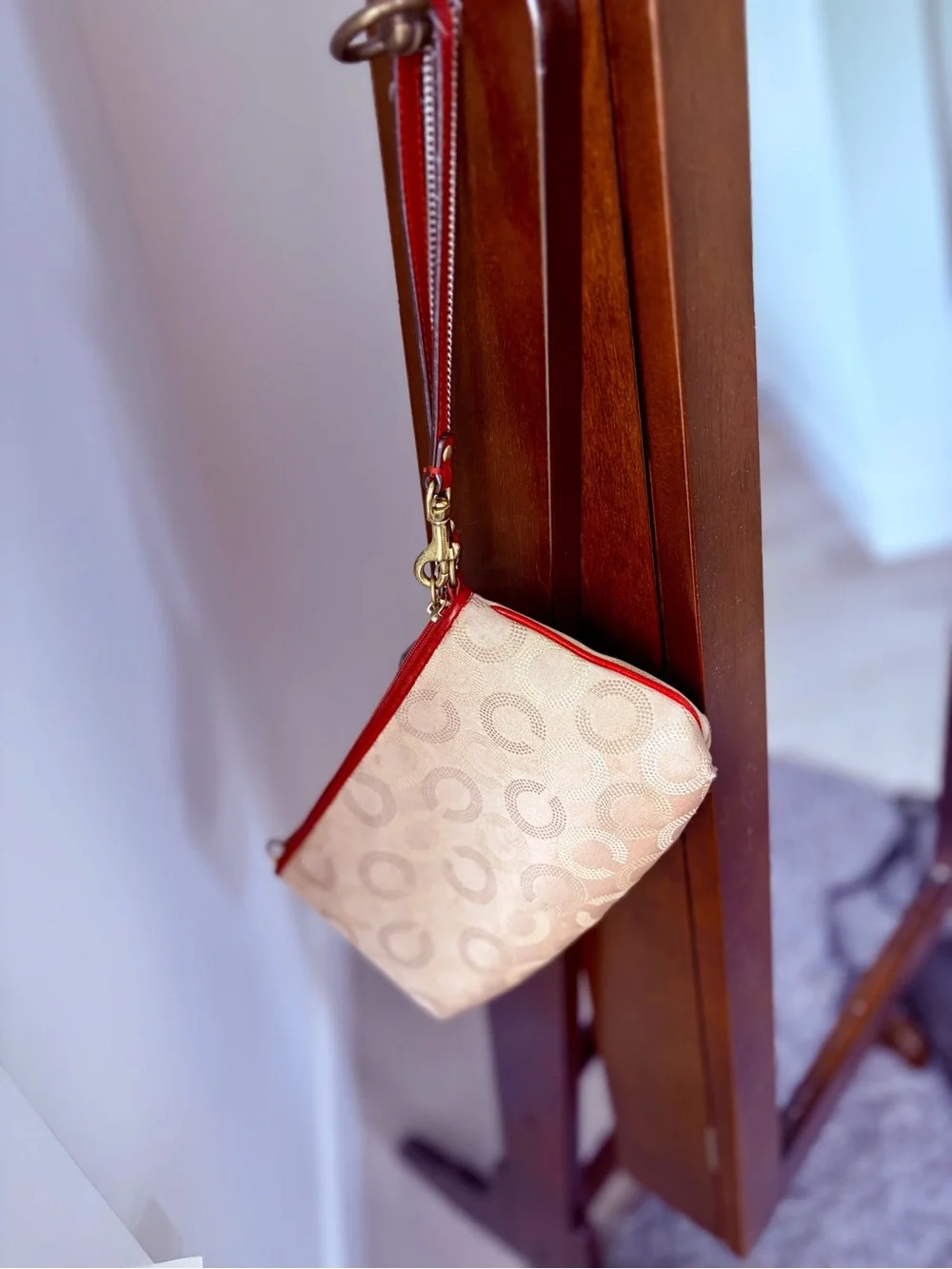 Coach Beige Signature Canvas clutch gold with Red Leather Trim good condition